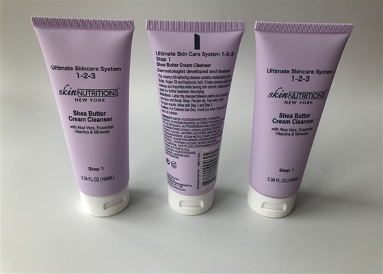 Purple Color Plastic Cosmetic Tubes Silk Screen Printing Tail Sealed With White Flip Top Cap